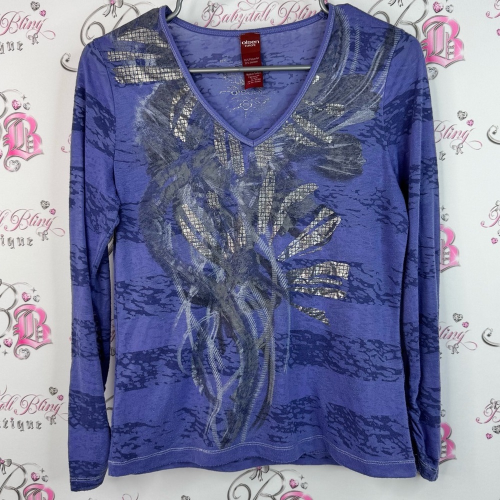 Olsen Europe long sleeve stripes shiny silver Blue Patterned Long Sleeve Top